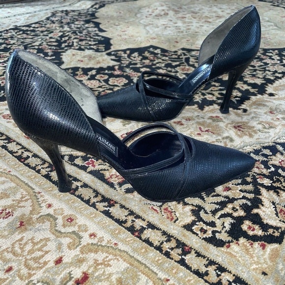 Giorgio Armani Vero Cuoio Black Leather Reptile Pumps Heel Shoes Italy - Picture 2 of 11